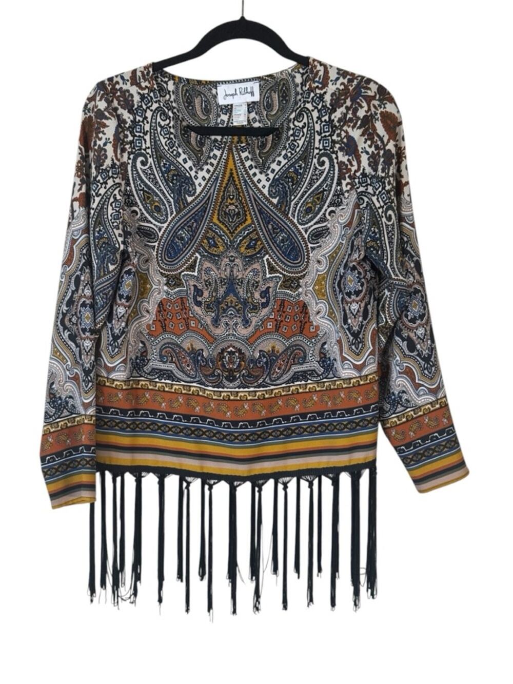 Joseph Ribkoff Brown Black Paisley Tassel Blouse Womens 6 Boho Festival Classic